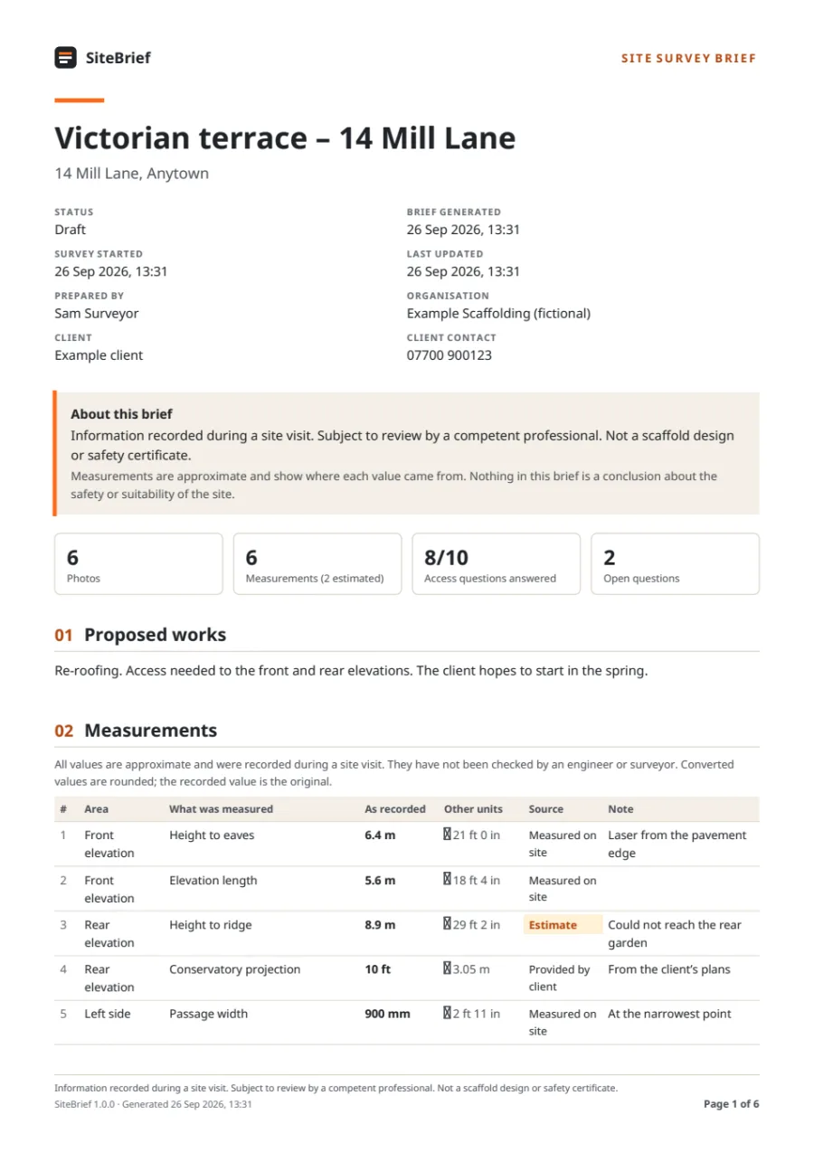 Sample brief page 1: site details, a note that it is not a design or safety certificate, and the measurements table