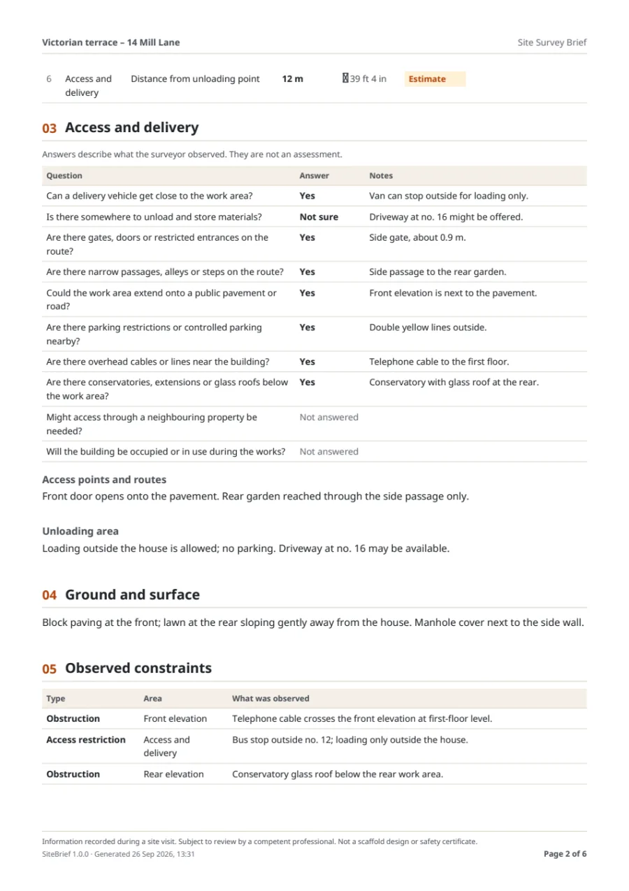 Sample brief page 2: access questions with answers and notes, ground notes and observed constraints