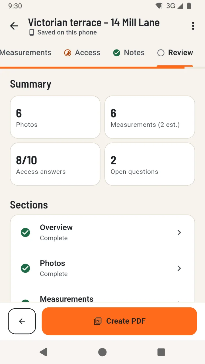 Review section showing a summary of photos, measurements, access answers and open questions