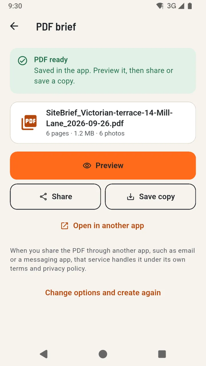 The PDF is ready, with buttons to preview, share or save it